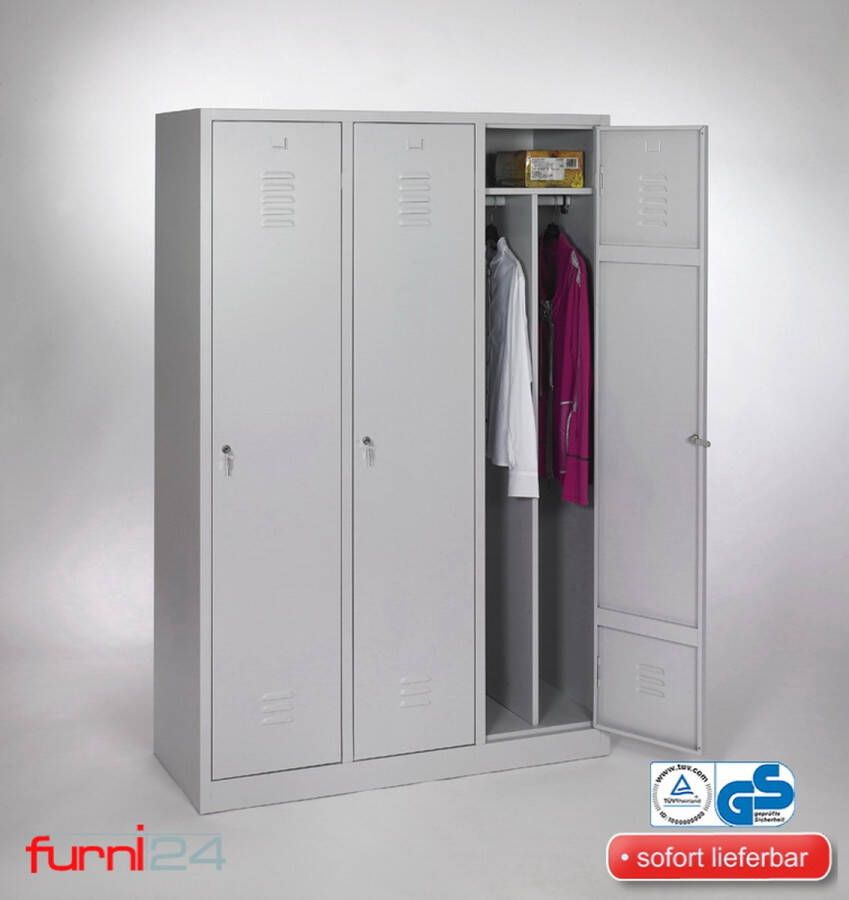 Furni24 Garderobekast locker commodekast kledingkast breedte 40 cm 3 deuren grijs RAL 7035