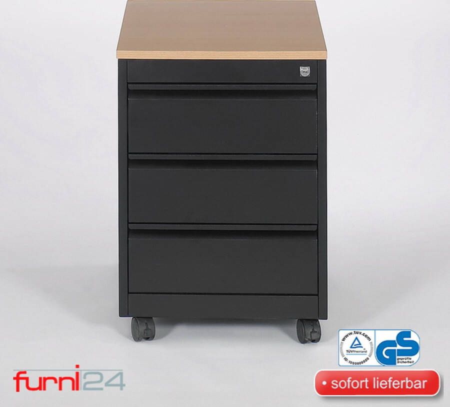 Furni24 Rolcontainer rolblok zwart met 3 laden kleur zwart RAL 9005 beuken gepoedercoat