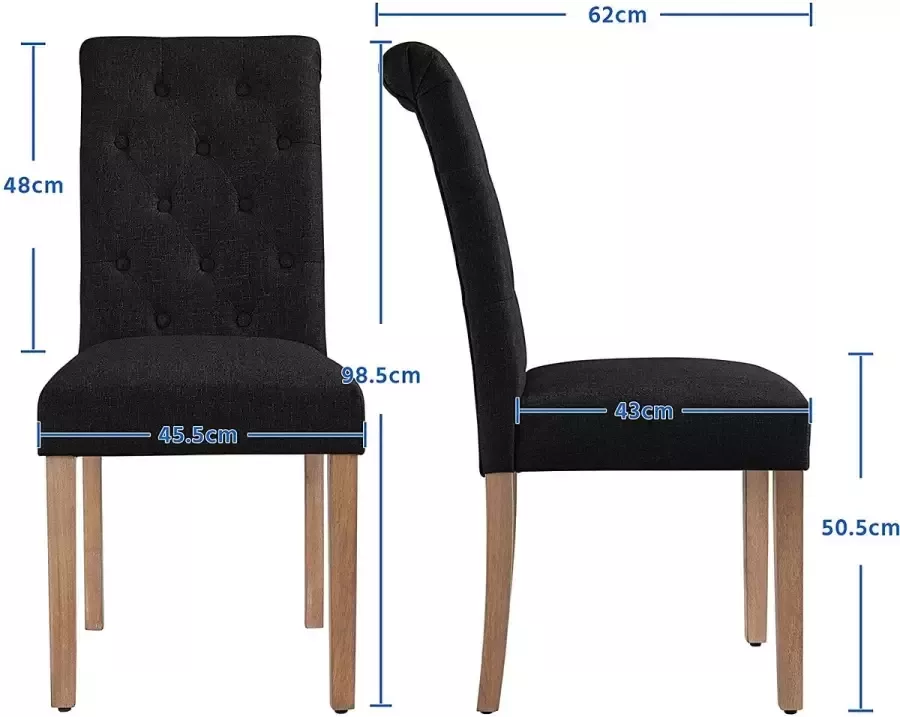 Furnibela.be FURNIBELLA-4 x eetkamerstoelen keukenstoel beklede stoel met hoge rugleuning poten van massief hout gevoerde zitting van linnen zwart