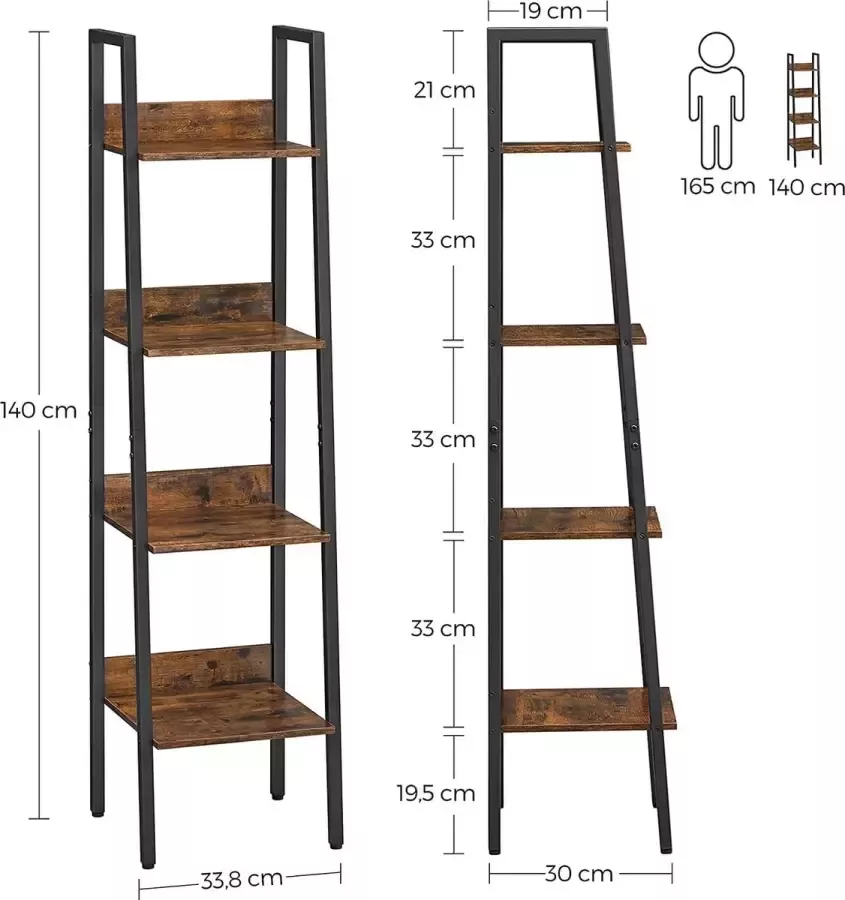 Furnibela.be FURNIBELLA boekenkast ladder plank open met 4 niveaus metalen frame voor woonkamer slaapkamer keuken studeerkamer kantoor industrieel ontwerp vintage bruin-zwart LLS108B01