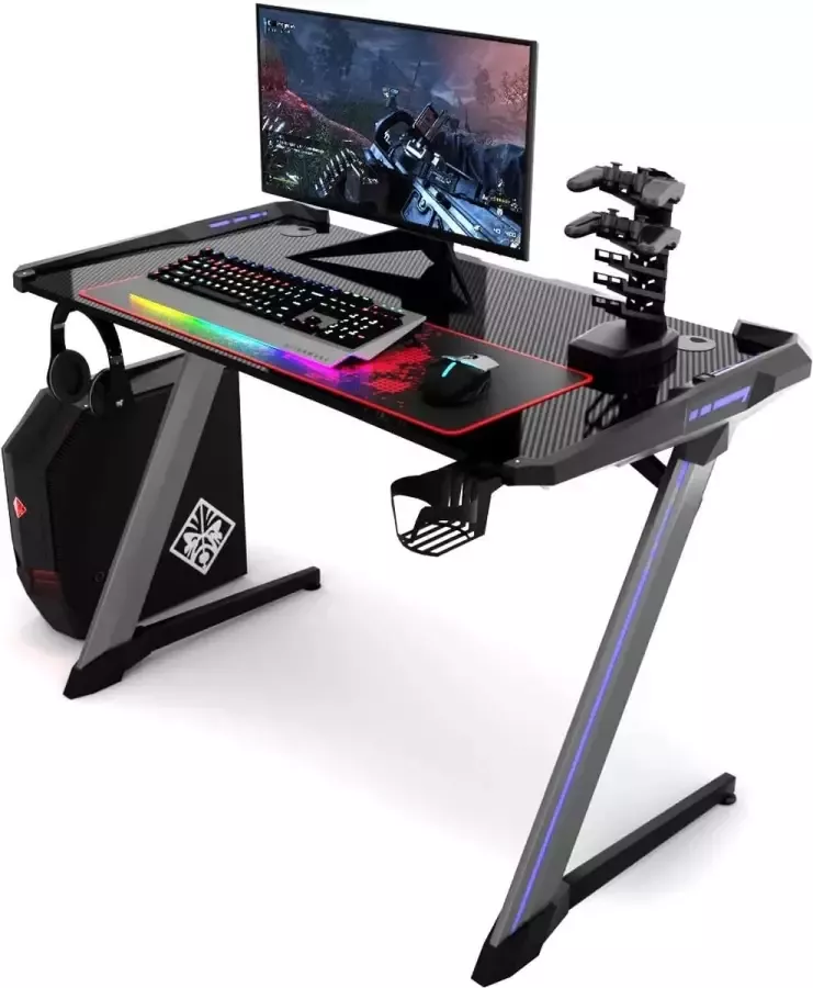 Furnibela.be FURNIBELLA-Gamingtafel met 6 RGB-lampen en 3 flitsmodi ergonomische computertafel bureau met beker- en hoofdtelefoonhouder USB-controller-houder en muisonderlegger Z-vormige poten zwart