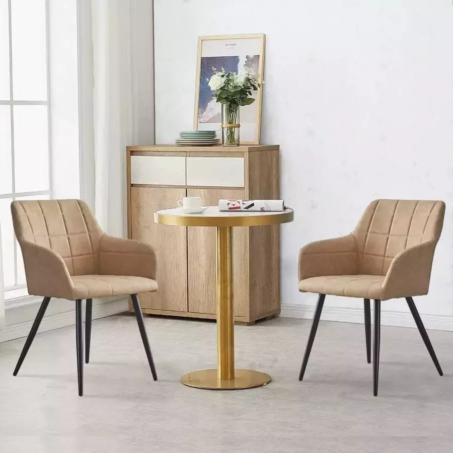 Furnibela.be FURNIBELLA -Set van 2 keukenstoelen beige kunstleer gestoffeerde accent badstoelen met armleuning bank fauteuil voor thuis restaurant receptie