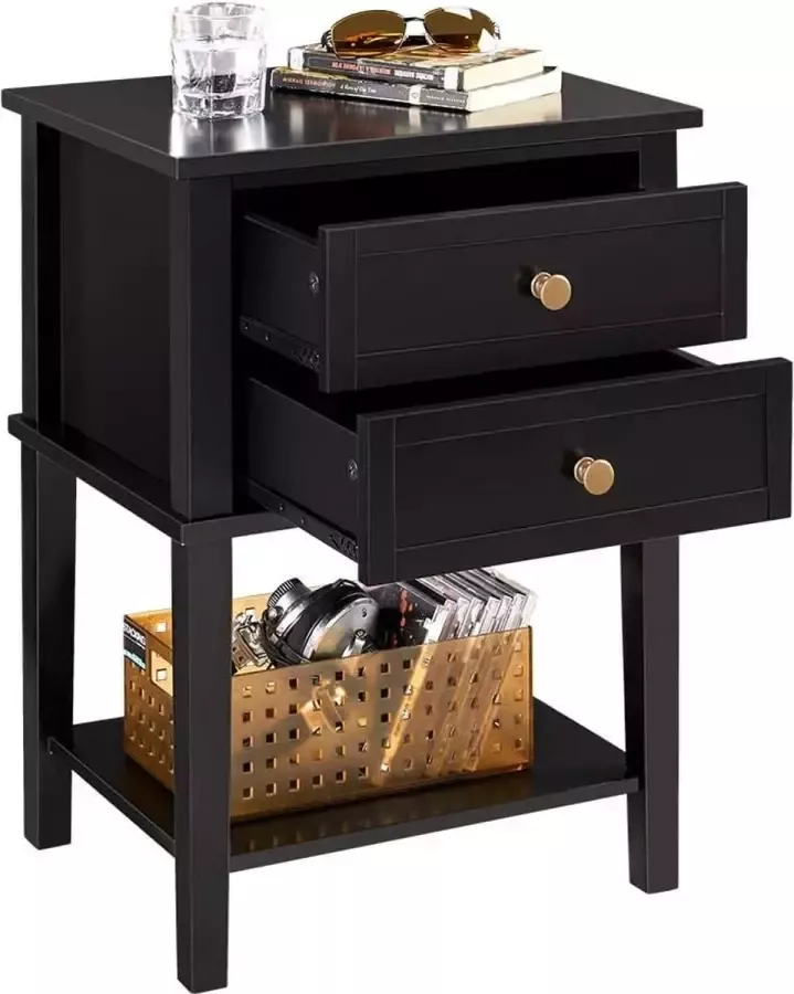 Nachtkastje bijzettafel met laden en plank nachtkastje slaapkamer woonkamer eenvoudige montage hout Scandinavisch design zwart