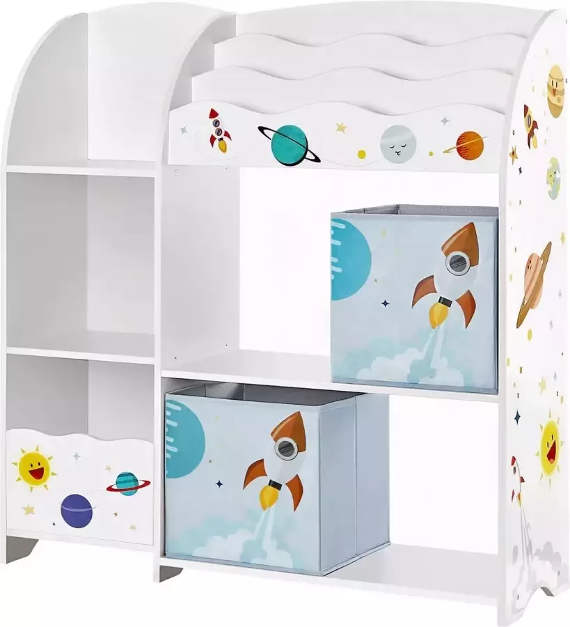 Furnibela.be SONGMICS kinderkamerplank speelgoed organizer boekenkast voor kinderen multifunctionele plank met 2 opbergboxen stickers met ruimtemotieven kinderkamer slaapkamer witte GKR42WT