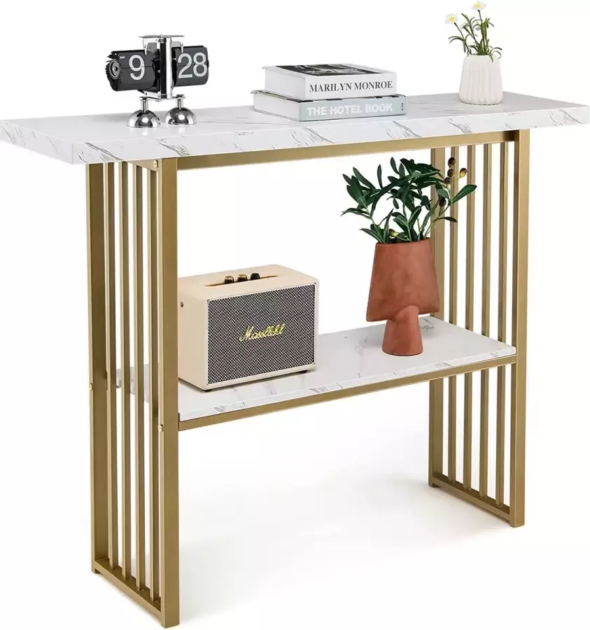 Furnibella 2 niveaus consoletafel hout met marmerlook bijzettafel met goudkleurig metalen frame moderne haltafel 120 x 29 5 x 92 5 cm