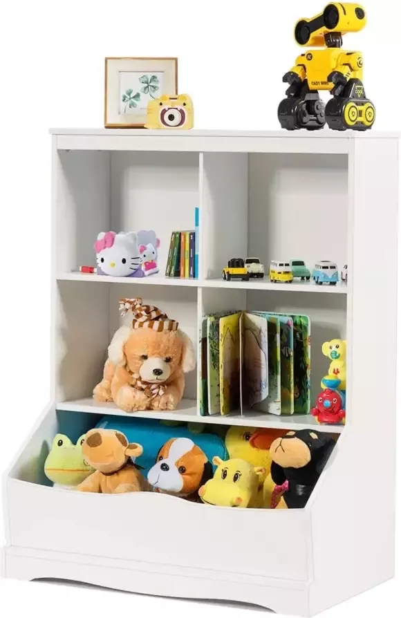 Furnibella 3-Laags speelgoed opbergkubus kinderkamerplank speelgoed organizer met 4 open vakjes en een bak multifunctionele boekenkast speelgoedplank voor kinderen kinderkamer slaapkamer (Wit)