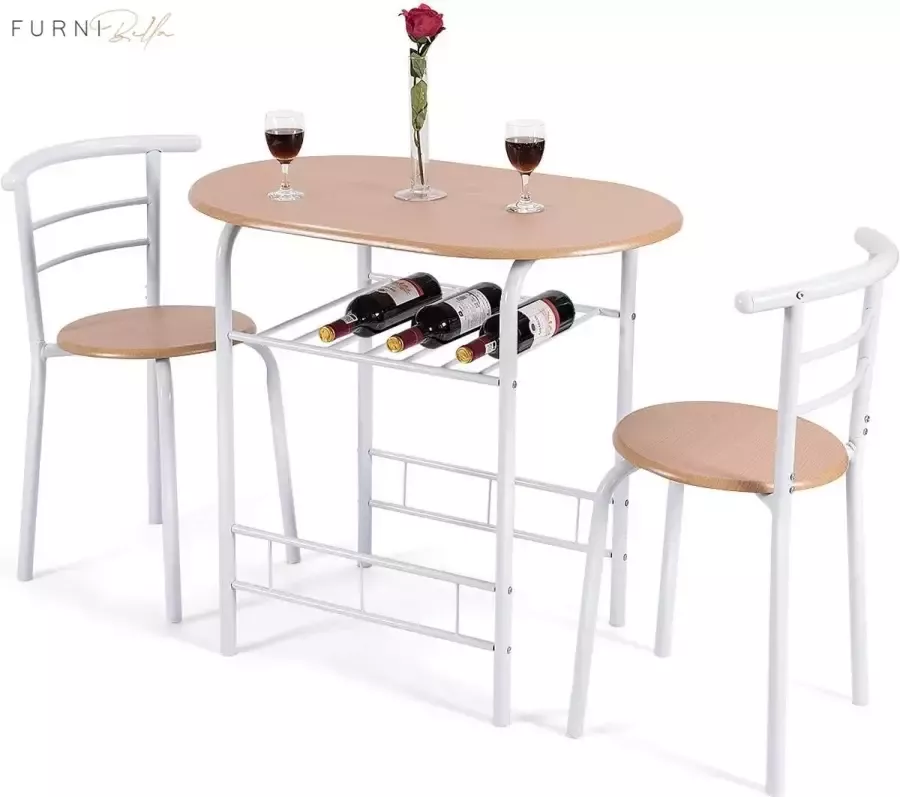 Furnibella 3 Stuks eettafel set 1 tafel en 2 stoelen set 3 stuks compacte keukentafel set ovale tafel en midden-rug stoelen met ingebouwd rek metalen frame
