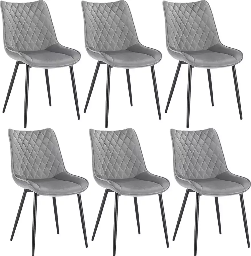 Furnibella 6 Set Van 6 Eetkamerstoelen gestoffeerd in Fluweel en poten in metalen Keukenstoel modern met leuning Lichtgrijze