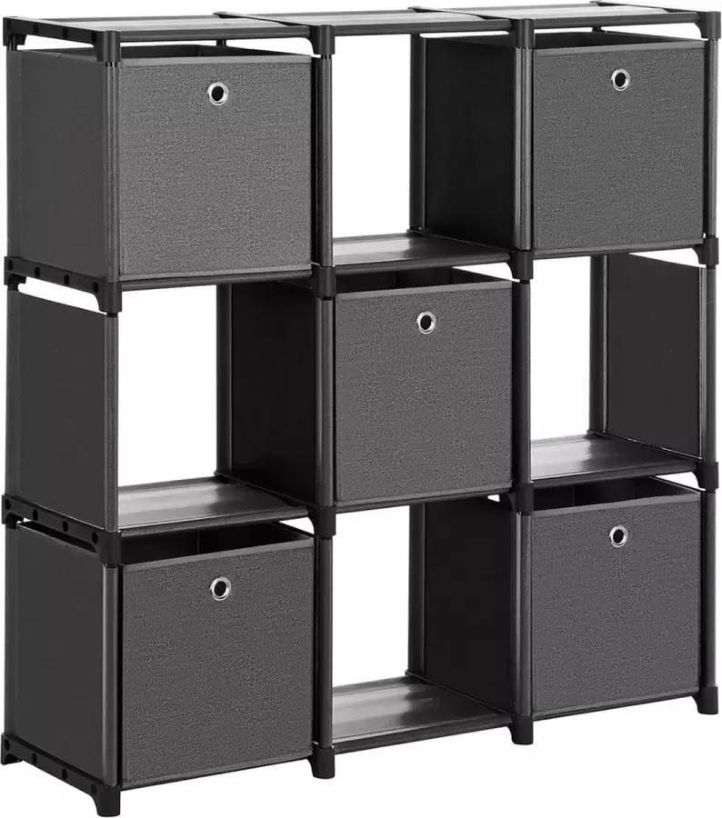 Furnibella 9 kubusvormige boekenkast trappenrek met 5 opbergboxen doe-het-zelf opslag voor kleding met robuust metalen frame inclusief rubberen hamer 105 x 30 x 105 cm zwart LSN95BK