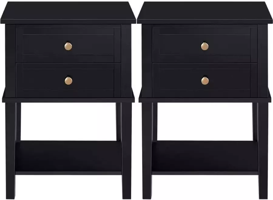 Furnibella a 2 x nachtkastje bijzettafel commode woonkamertafel salontafel nachtkastje met 2 laden en 1 legplank zwart hout 45 x 35 x 61 cm