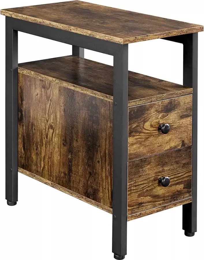 Furnibella a Bijzettafel smal nachtkastje met 2 schuifladen en abalgen banktafel nachtcommode voor kleine ruimtes industrieel design vintage bruin-zwart