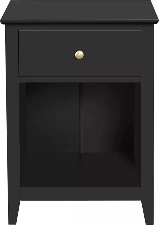Furnibella a Nachtkastje met lade en open vak nachtkastje met poten bijzettafel salontafel hout zwart 45x35x61cm (BxDxH)