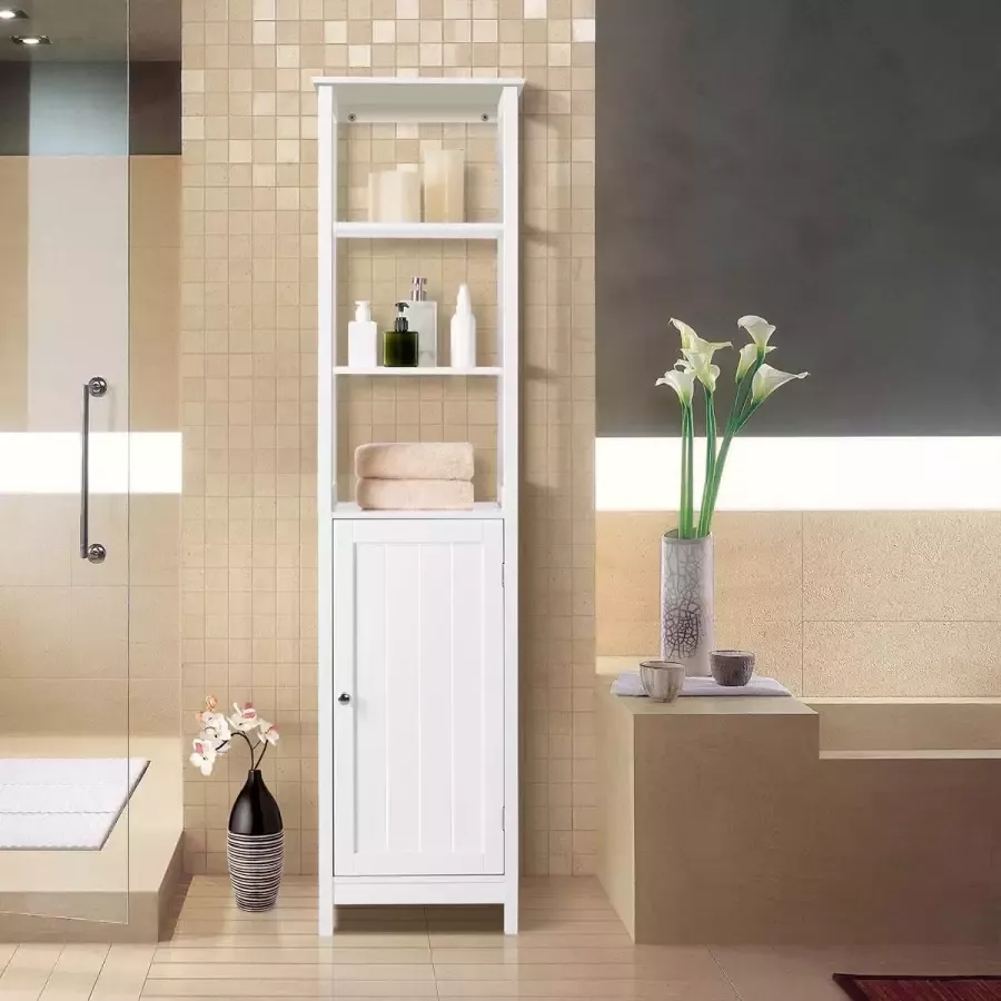 Furnibella Badkamerkast hoge kast smalle hoekkast opslag van badkameraccessoires met deur en planken 40 × 32 × 160 cm wit gelakt badkamermeubel van hout
