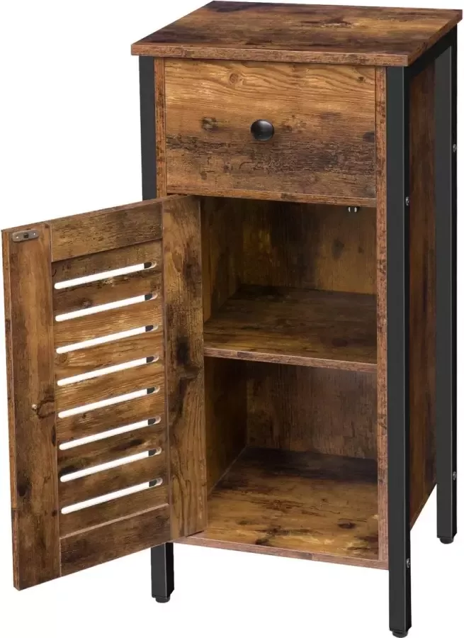 Furnibella Bijzetkast commode kast zijkast met lade en verstelbare legplank keukenkast met lamellendeur nachtkastje woonkamer slaapkamer kantoor hal vintage EBF15CW01