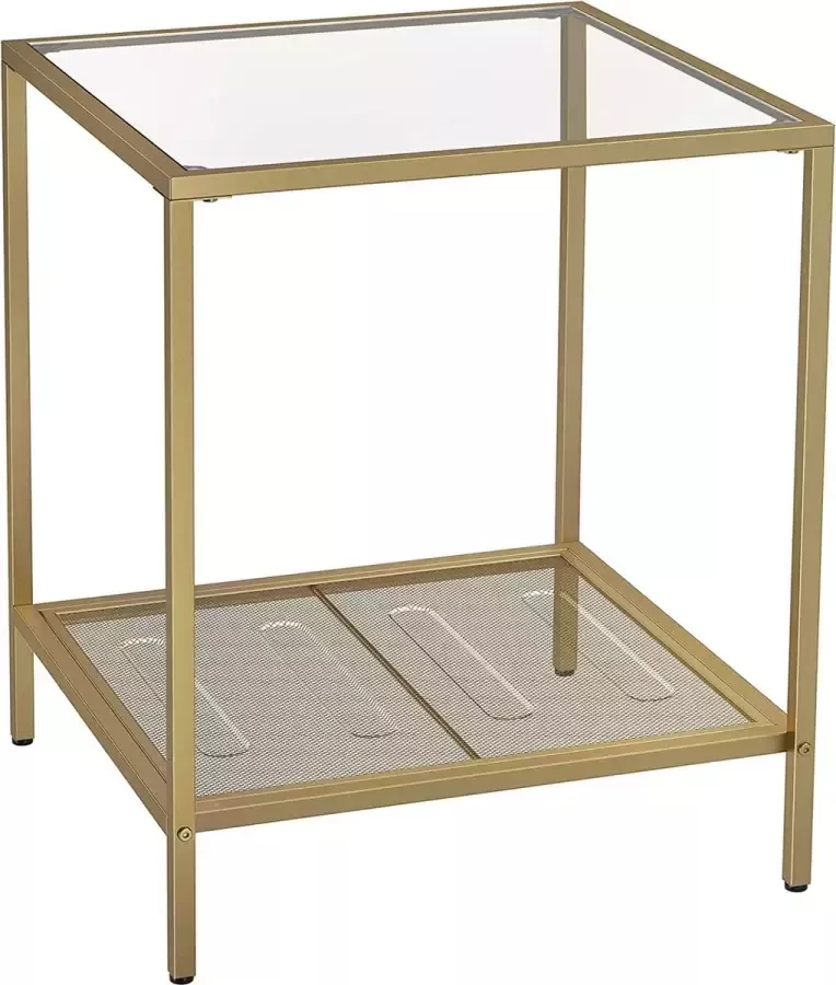 Furnibella Bijzettafel salontafel met 2 niveaus gemaakt van gehard glas stabiel met metalen frame rasterplank voor woonkamer slaapkamer goudkleurig spandoek LGT030A01