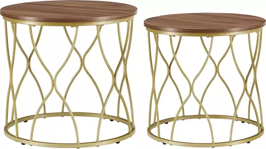 Furnibella Bijzettafelset salontafels set van 2 salontafels stalen frame voor woonkamer slaapkamer studeerkamer modern houtkleur-goudkleur LET331A43
