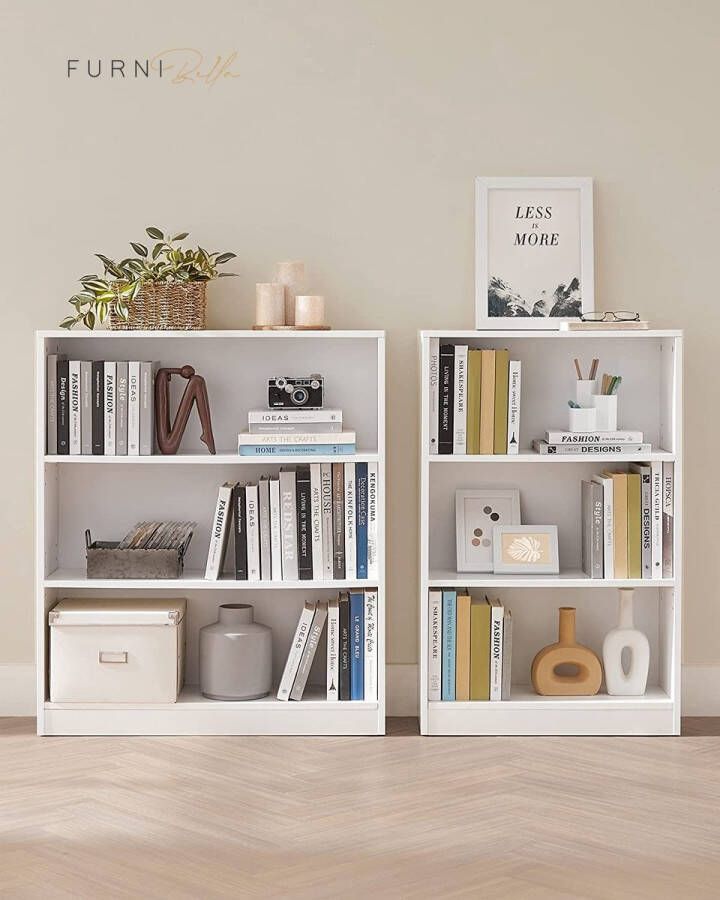 Furnibella Boekenkast vrijstaand met 3 vakken in hoogte verstelbare planken voor woonkamer kinderkamer kantoor 60 x 24 x 93 cm wit LBC105T14