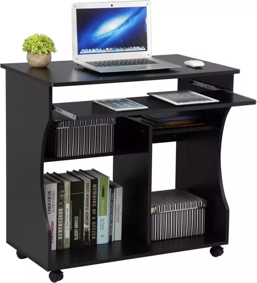 FURNIBELLA Computertafel met toetsenbordlade rolbaar bureau met planken kantoormeubels computerwagen zwart