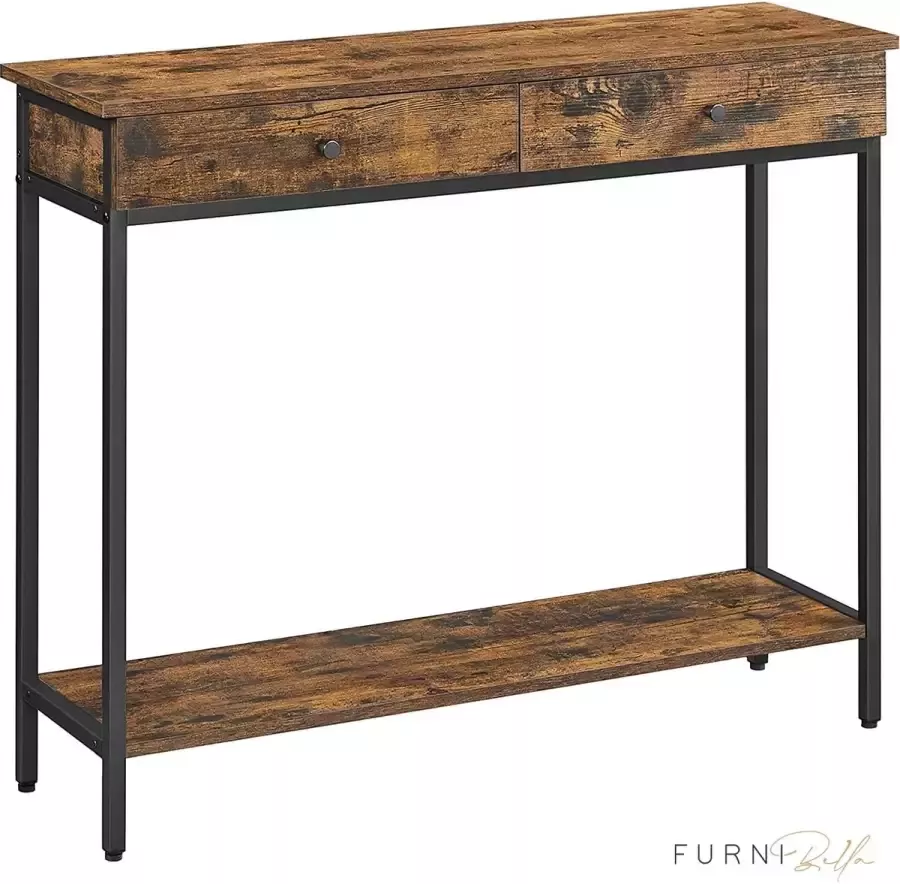Furnibella Console tafel hal tafel bijzettafel bank tafel met 2 laden stalen frame hal woonkamer industrieel ontwerp vintage bruin-zwart LNT015B01