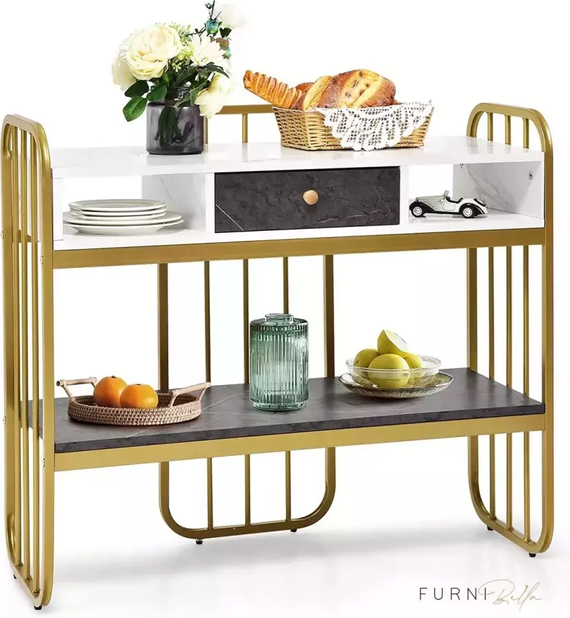 Furnibella Consoletafel 2 niveaus marmeren look bijzettafel met lade goudkleurig metalen frame moderne salontafel
