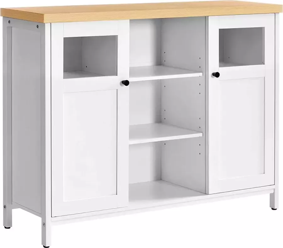 Furnibella Dressoir keukenkast met deuren dressoir glasvenster 100 x 30 x 76 5 cm kast voor woonkamer eetkamer keuken hal kantoor wit-eiken LSC104W01