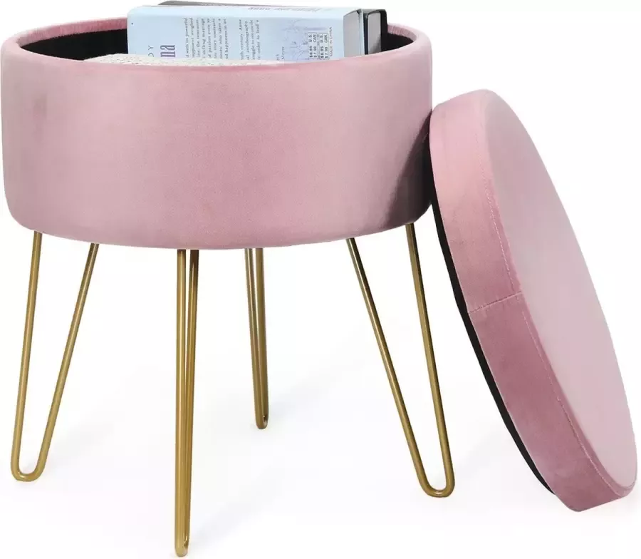 Furnibella fluwelen voetenbank ronde poef metalen poten voor thuis woonkamer slaapkamer kantoor roze