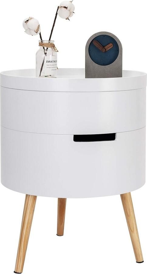 Furnibella 1 Nachtkastje modern in MDF en grenen -Lage tafel met 2 opbergvakken Wit -TS50ws-1