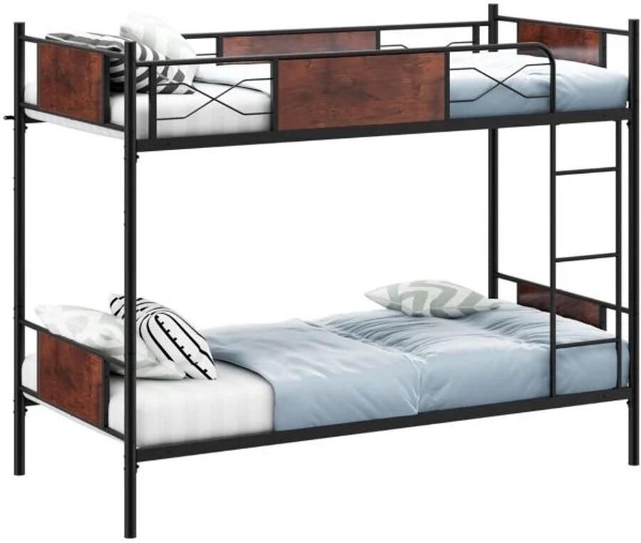 Furnibella -2-in-1 Omvormbaar Stapelbed 90x190 cm – Metaal & Hout Met Ladder Zwart + Rustiek Bruin