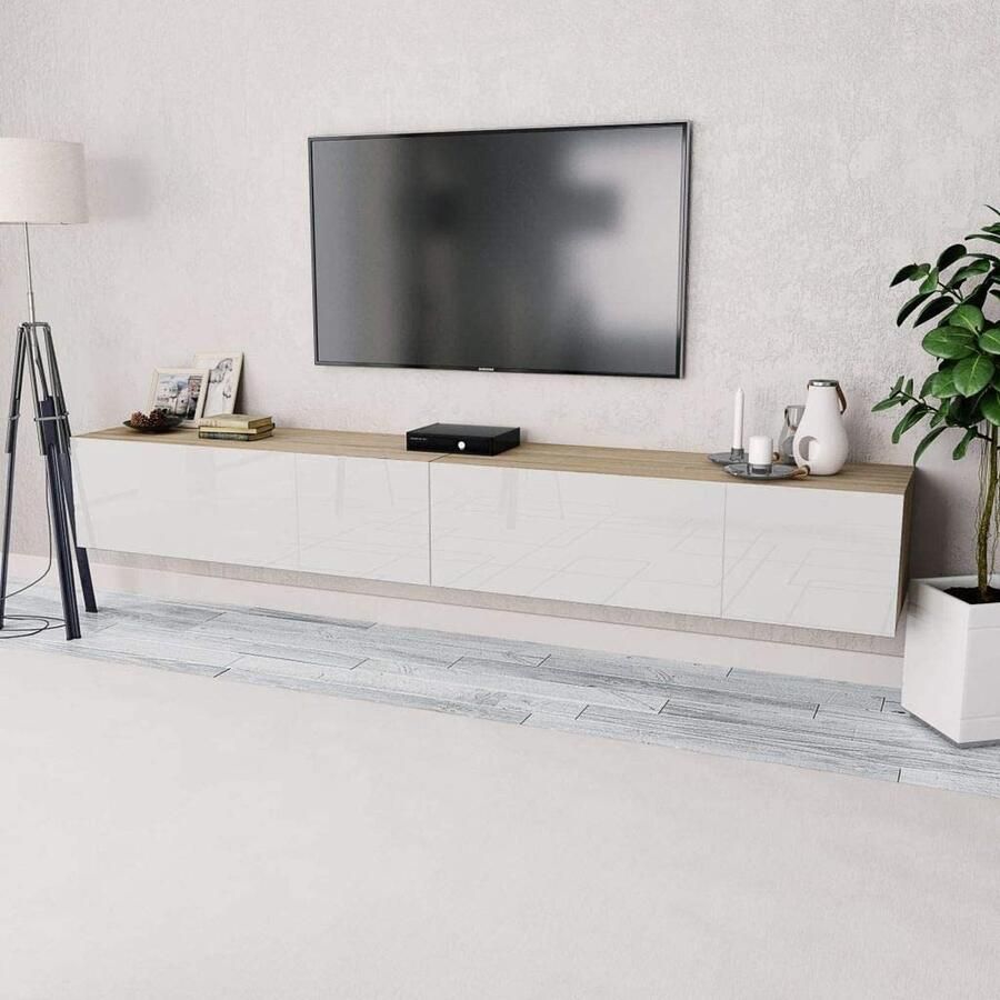 Furnibella 2x Tv-Meubel Spaanplaat Hoogglans Wit en Eikenkleur Televisie Kast Hifi