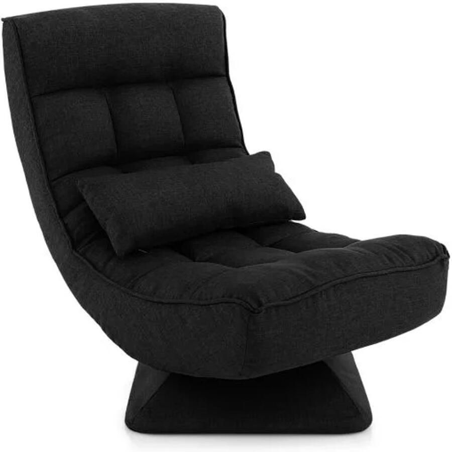 Furnibella 360° Draaibare Vloerstoel met Rugleuning & Lendenkussen Comfortabele Luie Sofa Zwart