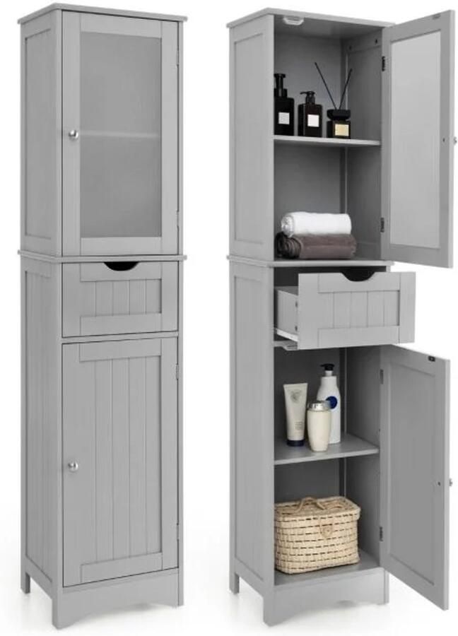 Furnibella A-Vrijstaande Hoge Badkamerkast met 2 Deuren en 1 Lade (Grijs)