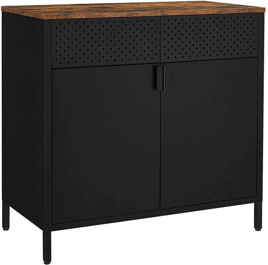 Furnibella -Authentieke Bruin-Zwarte Vintage Opbergkast met Gegraveerde Details en Robuuste Houten Afwerking