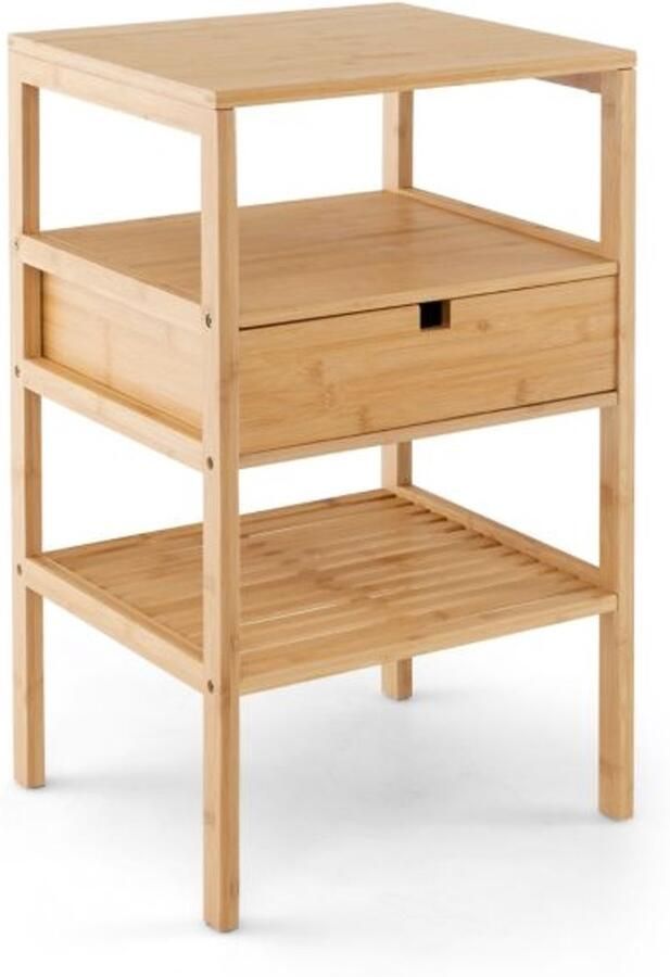 Furnibella -Bamboe Nachtkastje met Lade & Lattenbodem – 3-Laags Bijzettafel – Natuurlijk Desig
