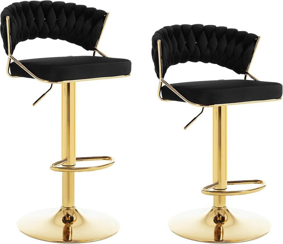 Furnibella Barkruk Set van 2 – In Hoogte Verstelbare Barstoelen met 360° Draai Gevlochten Rugleuning Fluwelen Zitting Zwart