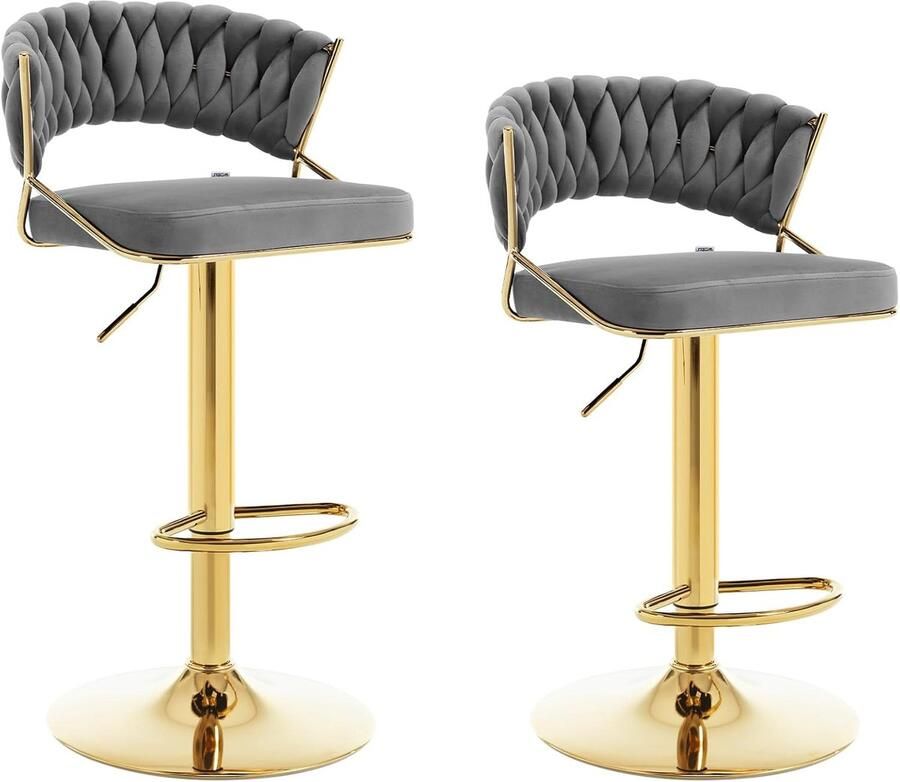 Furnibella Barkruk Set van 2 – In Hoogte Verstelbare Barstoelen met 360 Graden Draai Gevlochten Rugleuning Fluwelen Keukenkruk Donkergrijs