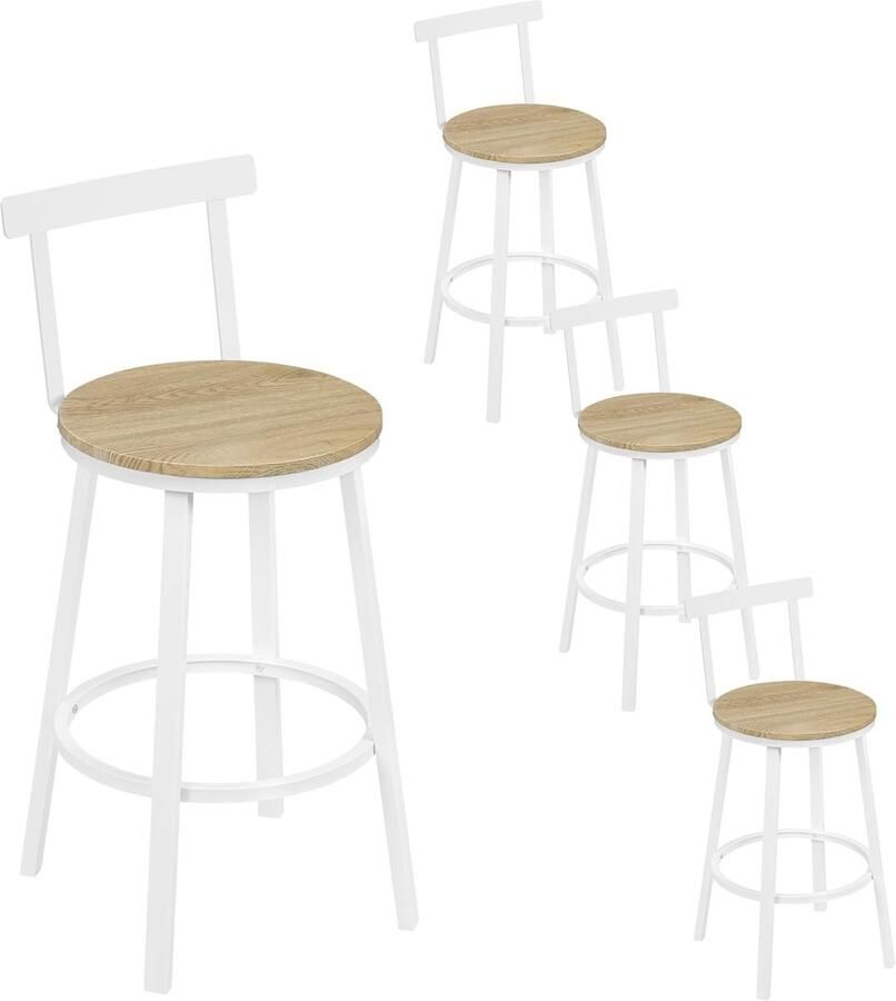 Furnibella -Barkruk Set van 4 – Ronde Barstoelen met Rugleuning Metalen Frame en Voetensteun Lichte Houtlook