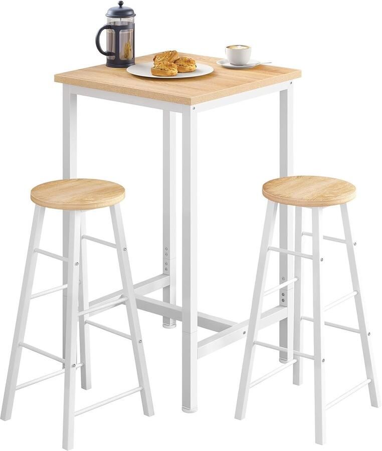 Furnibella Bartafel met 2 Barkrukken – Statafel met Ronde Krukken Keukentafel Set Licht Eiken + Wit Metalen Frame