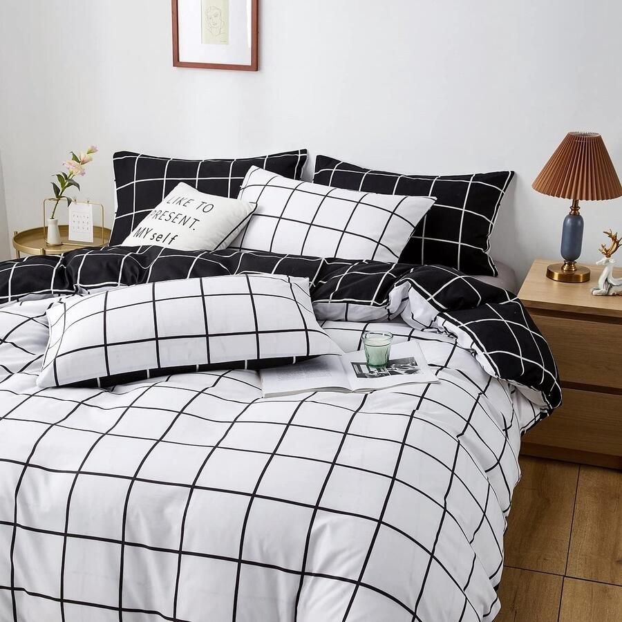 Furnibella Beddengoed 200 x 200 cm – Zwart-Wit Geruit – Omkeerbaar Dekbedovertrek met 2 Kussenslopen – Landhuisstijl – Geometrisch – Voor Tweepersoonsbed