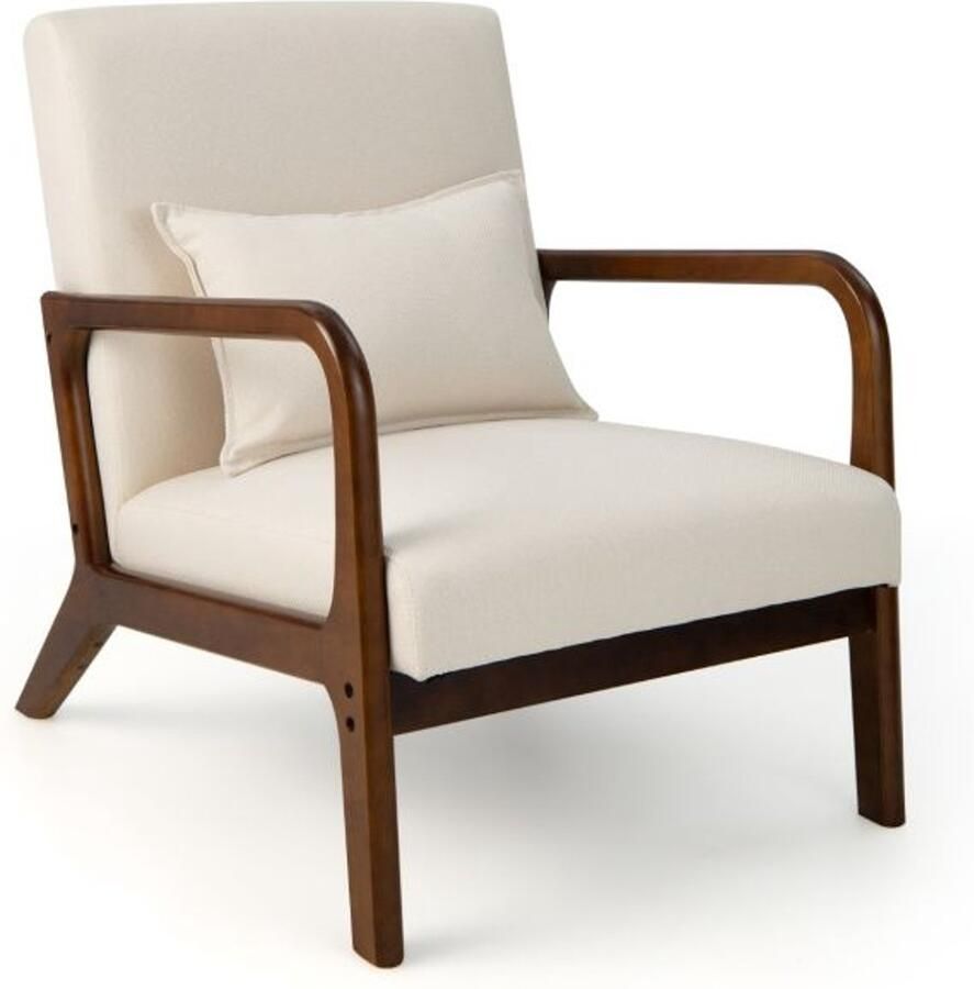 Furnibella Beige Woonkamer Fauteuil – Gestoffeerde Lounge Stoel met Houten Armleuningen 65 x 79 x 77 cm