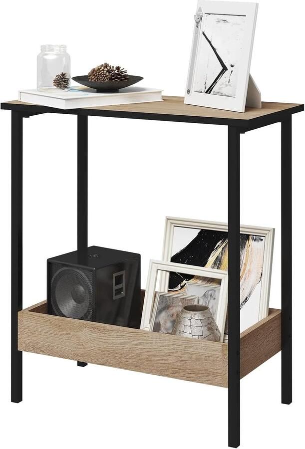 Furnibella Bijzettafel met 2 Planken – Salontafel met Opbergruimte Zwart & Licht Eiken 50 x 55 x 25 cm