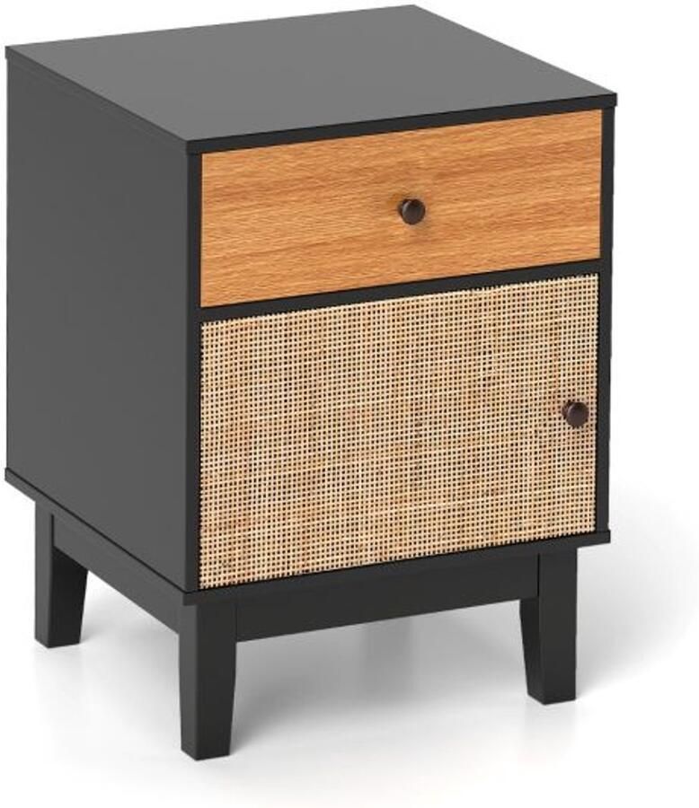 Furnibella -Boho-Stijl Rotan Nachtkastje met Lade & Ladekast – Multifunctionele Salontafel in Zwart & Bruin