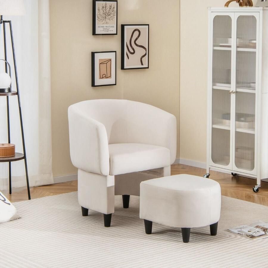 Furnibella Comfortabele Fauteuil met Voetenbank – Fluwelen Bekleding & Stevig Massief Houten Frame Beige