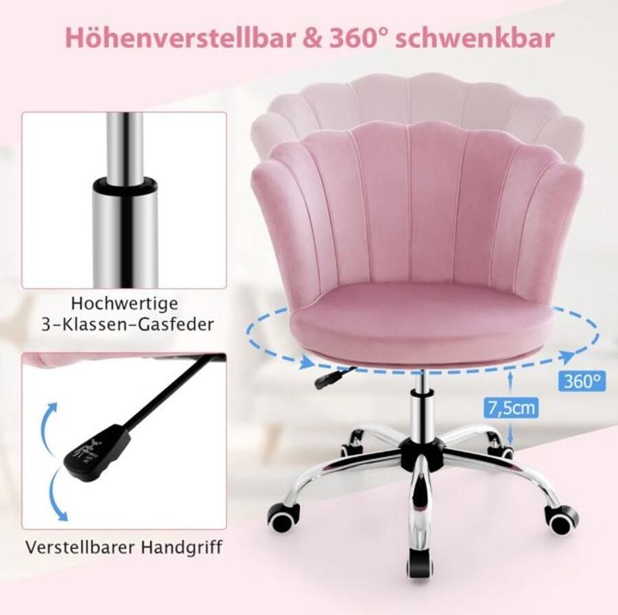 Furnibella Comfortabele Werkstoel – In Hoogte Verstelbare Bureaustoel met 360° Draaifunctie en Wielen-Roze