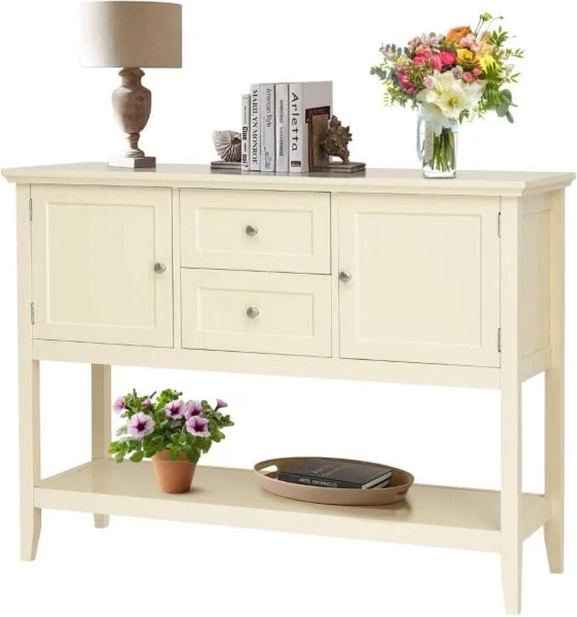 Furnibella -Console Tafel met 2 Lades en Kastjes Buffet Tafel Bijzettafel van Hout en Wit Afwerking