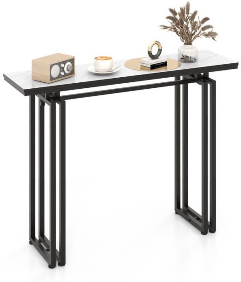 Furnibella -Consoletafel Marmer look met Metalen Frame Anti-Kantelbeveiliging en Verstelbare Voetjes – Hal tafel 110 x 30 x 81 cm in Wit en Zwart