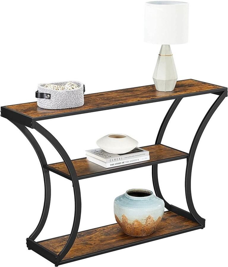 Furnibella Consoletafel met 3 Planken in Industriële Stijl – Stoer en Praktisch-vintage bruin-zwart