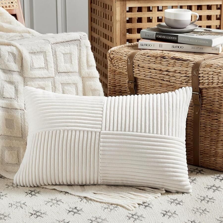 Furnibella -Crèmewitte Corduroy Kussensloop 50x70 cm – Zacht Sierkussen voor Bank Slaapkamer & Woonkamer – Boho Decoratief Kussenovertrek – 1 Stuk Zonder Vulling