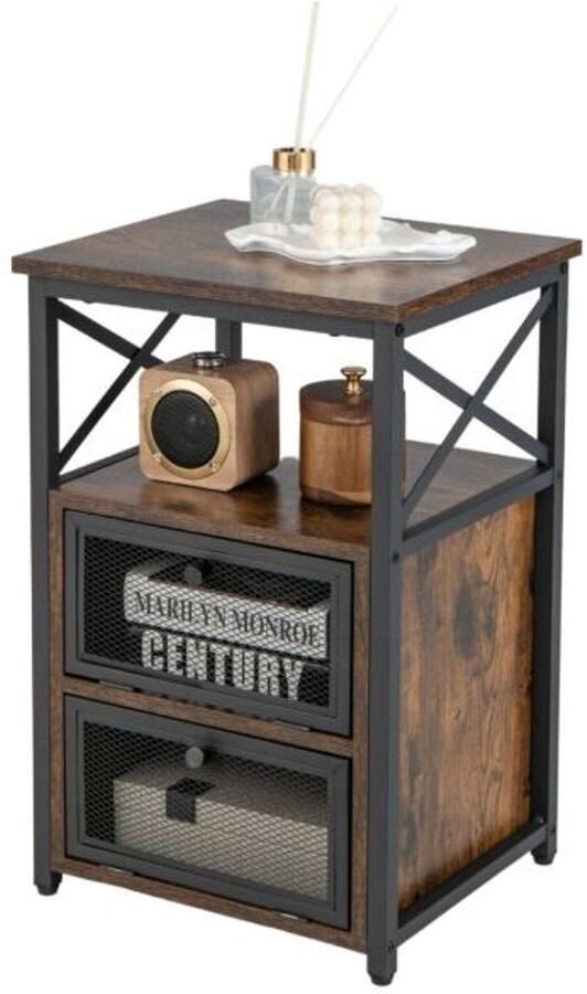 Furnibella Dressoir met 4 Niveaus – Industrieel Nachtkastje met 2 Verstelbare Lades (Roestbruin – 60 5 x 40 x 35 cm)