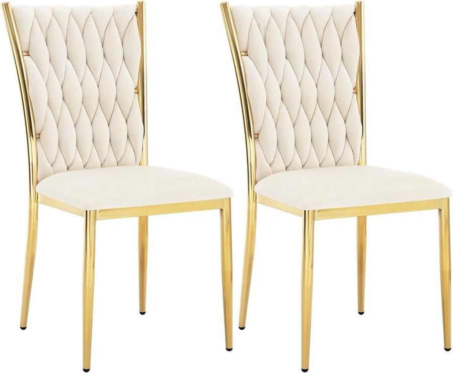 Furnibella Eetkamerstoelen Set van 2 – Fluwelen Keukenstoelen Gestoffeerd Metalen Poten 150 kg Crème