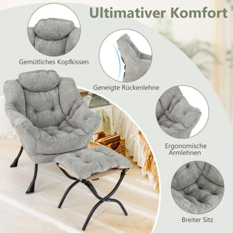 Furnibella -Elegante TV-Fauteuil – Stijlvolle Loungestoel met Voetenbank en Multifunctioneel Design Grijs